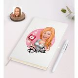 BK Kişiye Özel Kadın Youtuber Karikatürlü Beyaz Defter ve Kalem Hediye Seti-2