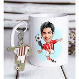 BK Kişiye Özel Kırmızı-Beyaz Futbolcu Karikatür ve Formalı Metal Anahtarlık Hediye Seti - Kırmızı - Beyaz