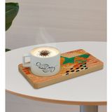 BK Kişiye Özel Modern Art Tasarımlı Doğal Ahşap Tabaklı Seramik Fincan Sunum Seti Model 1