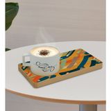 BK Kişiye Özel Modern Art Tasarımlı Doğal Ahşap Tabaklı Seramik Fincan Sunum Seti Model 7