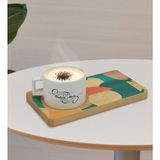 BK Kişiye Özel Modern Art Tasarımlı Doğal Ahşap Tabaklı Seramik Fincan Sunum Seti Model 9