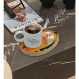 BK Kişiye Özel Modern Art Tasarımlı Doğal Ahşap Tabaklı Türk Kahvesi Fincanı Sunum Seti Model 7 - Beyaz