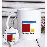 BK Kişiye Özel Mondrian Tasarımlı Beyaz Kupa ve Anahtarlık Hediye Seti
