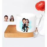 BK Kişiye Özel Mr. & Mrs. Smith Karikatür Ahşap Altlıklı Seramik Fincan