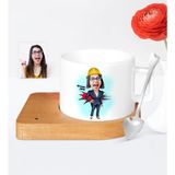 BK Kişiye Özel Mühendis Karikatür Ahşap Altlıklı Seramik Fincan - 2