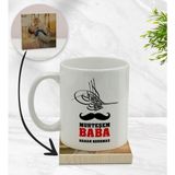 BK Kişiye Özel Muhteşem Baba Tasarımlı Beyaz Kupa Bardak ve Ahşap Bardak Altlığı Hediye Seti - Model 1
