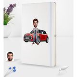 BK Kişiye Özel Plakalı Erkek Mini Cooper Karikatürlü Beyaz Termo Deri Defter 16X24CM Model 1