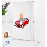 BK Kişiye Özel Plakalı Kadın Audi A3 Karikatürlü Beyaz Termo Deri Defter 16X24CM Model 1