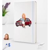 BK Kişiye Özel Plakalı Kadın Fiat Albea Karikatürlü Beyaz Termo Deri Defter 16X24CM Model 1