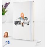 BK Kişiye Özel Plakalı Kadın Fiat Albea Karikatürlü Beyaz Termo Deri Defter 16X24CM Model 2