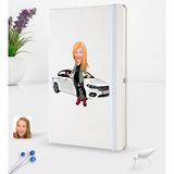 BK Kişiye Özel Plakalı Kadın Fiat Egea Karikatürlü Beyaz Termo Deri Defter 16X24CM Model 1
