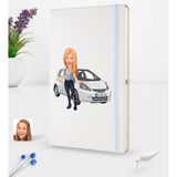 BK Kişiye Özel Plakalı Kadın Honda Jazz Karikatürlü Beyaz Termo Deri Defter 16X24CM Model 1