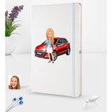 BK Kişiye Özel Plakalı Kadın Hyundai I20 Karikatürlü Beyaz Termo Deri Defter 16X24CM Model 1
