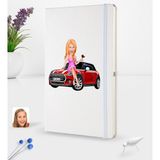 BK Kişiye Özel Plakalı Kadın Mini Cooper Karikatürlü Beyaz Termo Deri Defter 16X24CM Model 1