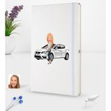 BK Kişiye Özel Plakalı Kadın Seat Leon Karikatürlü Beyaz Termo Deri Defter 16X24CM Model 1