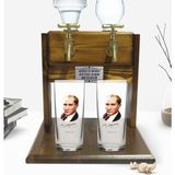BK Kişiye Özel Renkli Baskılı Atatürk Tasarımlı Ikili Rakı Bardağı ve Çift Musluklu Doğal Ahşap Rakı Standı-12