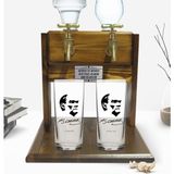 BK Kişiye Özel Renkli Baskılı Atatürk Tasarımlı Ikili Rakı Bardağı ve Çift Musluklu Doğal Ahşap Rakı Standı-24
