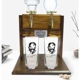 BK Kişiye Özel Renkli Baskılı Atatürk Tasarımlı Ikili Rakı Bardağı ve Çift Musluklu Doğal Ahşap Rakı Standı-28