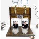 BK Kişiye Özel Renkli Baskılı Atatürk Tasarımlı Ikili Rakı Bardağı ve Çift Musluklu Doğal Ahşap Rakı Standı-33