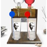 BK Kişiye Özel Renkli Baskılı Atatürk Temalı Ikili Vodka Bardağı ve Çift Musluklu Doğal Ahşap Vodka Standı-23