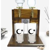 BK Kişiye Özel Renkli Baskılı Ayyıldız Tasarımlı Ikili Rakı Bardağı ve Çift Musluklu Doğal Ahşap Rakı Standı-1