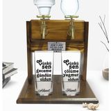 BK Kişiye Özel Renkli Baskılı Çünkü Sen Tasarımlı Ikili Rakı Bardağı ve Çift Musluklu Doğal Ahşap Rakı Standı-1