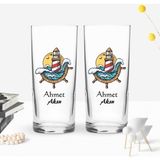 BK Kişiye Özel Renkli Baskılı Dümen Tasarımlı Ikili Rakı Bardağı Seti-4