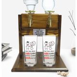 BK Kişiye Özel Renkli Baskılı Gel Beraber Rakı Içelim Tasarımlı Ikili Rakı Bardağı ve Çift Musluklu Doğal Ahşap Rakı Standı-1