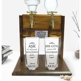 BK Kişiye Özel Renkli Baskılı Hatıran Yeter Tasarımlı Ikili Rakı Bardağı ve Çift Musluklu Doğal Ahşap Rakı Standı-1