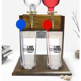 BK Kişiye Özel Renkli Baskılı I Like Vodka Ikili Vodka Bardağı ve Çift Musluklu Doğal Ahşap Vodka Standı-1