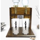 BK Kişiye Özel Renkli Baskılı Isimli Ikili Rakı Bardağı ve Çift Musluklu Doğal Ahşap Rakı STANDI-118