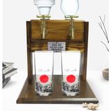 BK Kişiye Özel Renkli Baskılı Japan Tasarımlı Ikili Rakı Bardağı ve Çift Musluklu Doğal Ahşap Rakı Standı-1