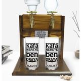 BK Kişiye Özel Renkli Baskılı Kafa Nereye Ben Oraya Tasarımlı Ikili Rakı Bardağı ve Çift Musluklu Doğal Ahşap Rakı Standı-1