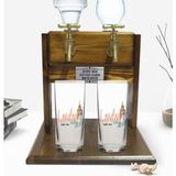 BK Kişiye Özel Renkli Baskılı London Tasarımlı Ikili Rakı Bardağı ve Çift Musluklu Doğal Ahşap Rakı Standı-2