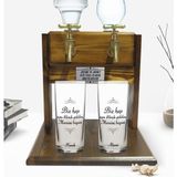 BK Kişiye Özel Renkli Baskılı Mevsimi Boşver Tasarımlı Ikili Rakı Bardağı ve Çift Musluklu Doğal Ahşap Rakı Standı-1