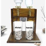 BK Kişiye Özel Renkli Baskılı O Zaman Dans-Renk Tasarımlı Ikili Rakı Bardağı ve Çift Musluklu Doğal Ahşap Rakı Standı-1