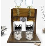 BK Kişiye Özel Renkli Baskılı Rakı Yanındaki Ile Içilse De Tasarımlı Ikili Rakı Bardağı ve Çift Musluklu Doğal Ahşap Rakı Standı-1