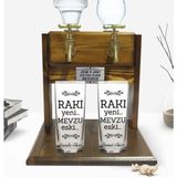 BK Kişiye Özel Renkli Baskılı Rakı Yeni Mevzu Eski Tasarımlı Ikili Rakı Bardağı ve Çift Musluklu Doğal Ahşap Rakı Standı-1