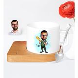 BK Kişiye Özel Ressam Karikatür Ahşap Altlıklı Seramik Fincan - 1