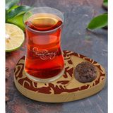 BK Kişiye Özel Retro Motif Tasarımlı Doğal Ahşap Tabaklı Heybeli Çay Bardağı Sunum Seti Model 2