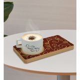 BK Kişiye Özel Retro Motif Tasarımlı Doğal Ahşap Tabaklı Seramik Fincan Sunum Seti Model 1