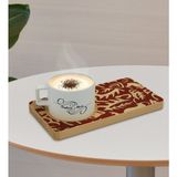 BK Kişiye Özel Retro Motif Tasarımlı Doğal Ahşap Tabaklı Seramik Fincan Sunum Seti Model 2