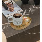 BK Kişiye Özel Retro Motif Tasarımlı Doğal Ahşap Tabaklı Türk Kahvesi Fincanı Sunum Seti Model 11 - Beyaz