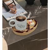 BK Kişiye Özel Retro Motif Tasarımlı Doğal Ahşap Tabaklı Türk Kahvesi Fincanı Sunum Seti Model 7 - Beyaz