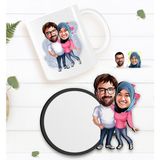 BK Kişiye Özel Sevgililer Karikatürlü Beyaz Kupa ve Ahşap Bardak Altlığı Hediye Seti-58