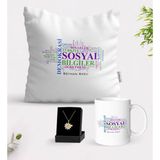BK Kişiye Özel Sosyal Bilgiler Öğretmeni Beyaz Kupa Yastık ve Isimli Papatya Kolye Hediye Seti-1