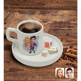 BK Kişiye Özel Sunum Tabaklı Sevgililer Karikatürlü Türk Kahvesi Fincanı Model 3