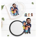 BK Kişiye Özel Tesettürlü Aile Karikatürlü Beyaz Kupa ve Ahşap Bardak Altlığı Hediye Seti-1