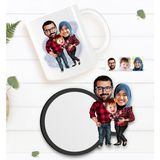 BK Kişiye Özel Tesettürlü Aile Karikatürlü Beyaz Kupa ve Ahşap Bardak Altlığı Hediye Seti-2