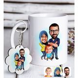 BK Kişiye Özel Tesettürlü Aile Karikatürlü Beyaz Kupa ve Anahtarlık Hediye Seti-1